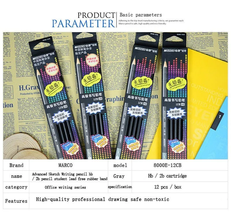 Marco High quality Profession Drawing pencil with rubber lapis- HB, 12pcs/set x2