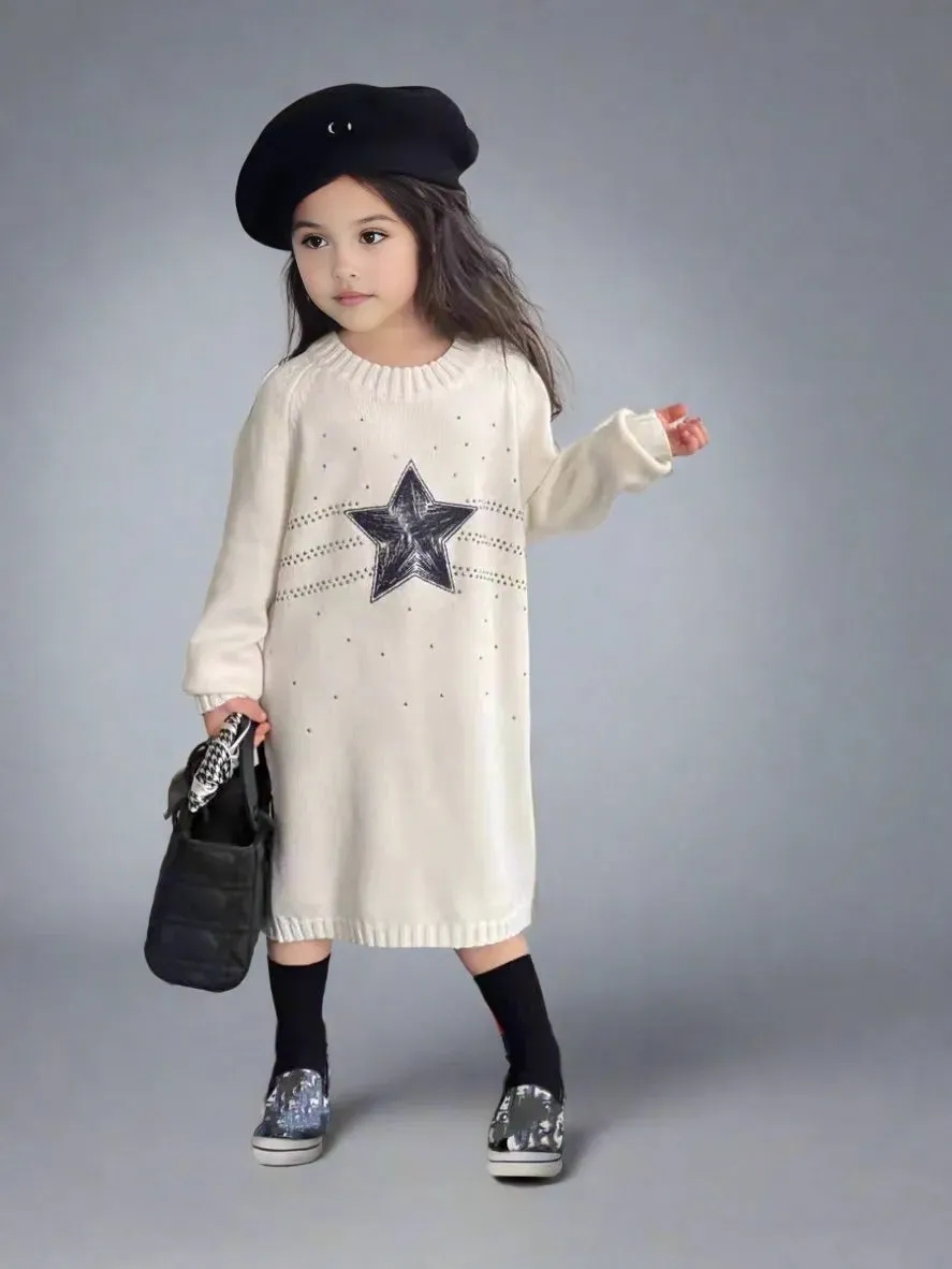 Matching Star Knit Sweater Dress  Cozy Cream Family Outfit for Mom and Daughter