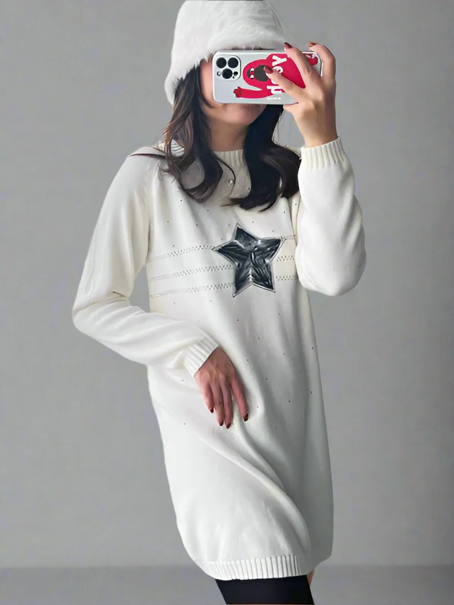 Matching Star Knit Sweater Dress  Cozy Cream Family Outfit for Mom and Daughter