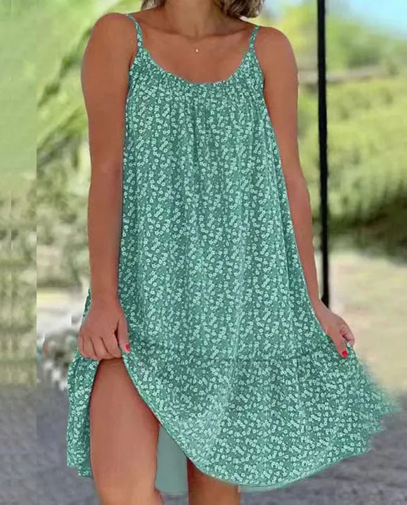 Maya | Boho Floral Mini Dress - Ruffled Spaghetti Strap Swing Sundress