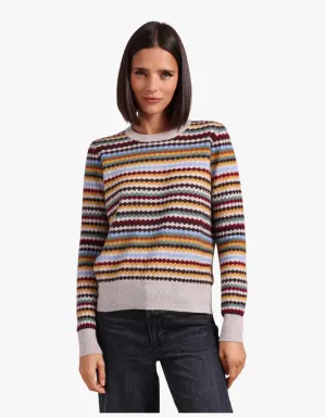 Minnie Rose Cashmere Textured Stripe Crew Neck in Multi Combo