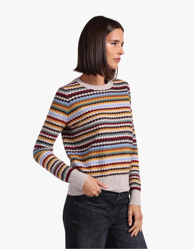 Minnie Rose Cashmere Textured Stripe Crew Neck in Multi Combo