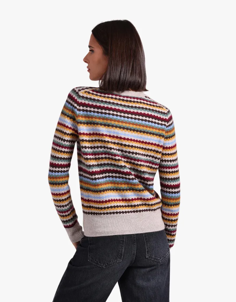 Minnie Rose Cashmere Textured Stripe Crew Neck in Multi Combo