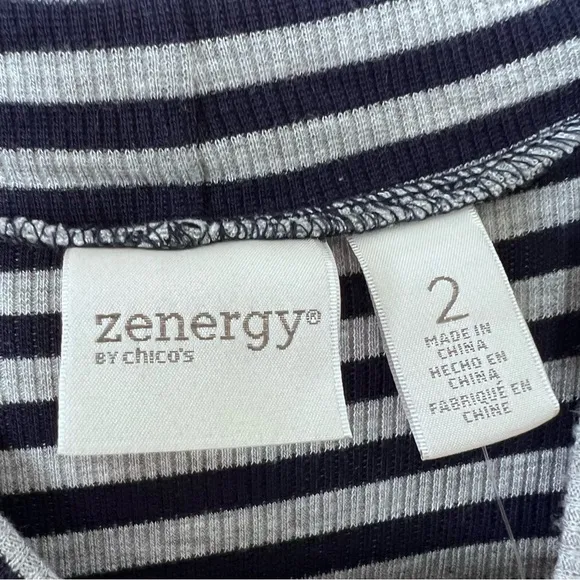 NWT Chico’s Zenergy Navy and Gray Striped Mockneck Midi Dress size Large