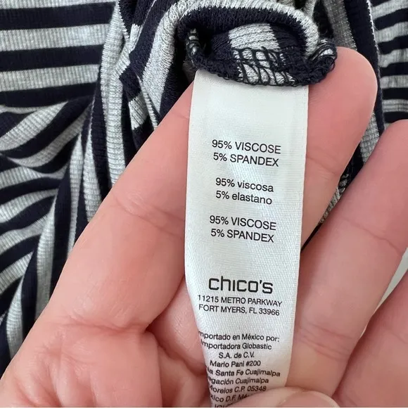 NWT Chico’s Zenergy Navy and Gray Striped Mockneck Midi Dress size Large