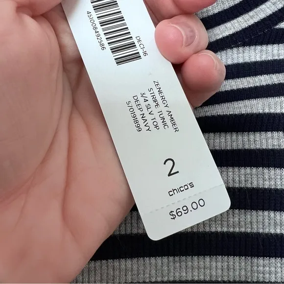 NWT Chico’s Zenergy Navy and Gray Striped Mockneck Midi Dress size Large