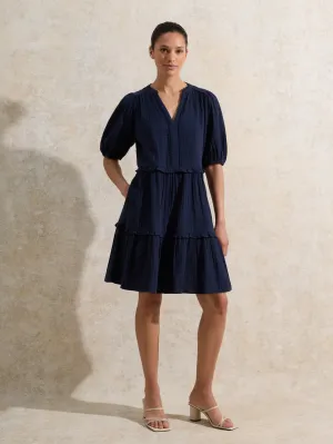 Petite Navy Frill-Detail Cheesecloth Mini Dress