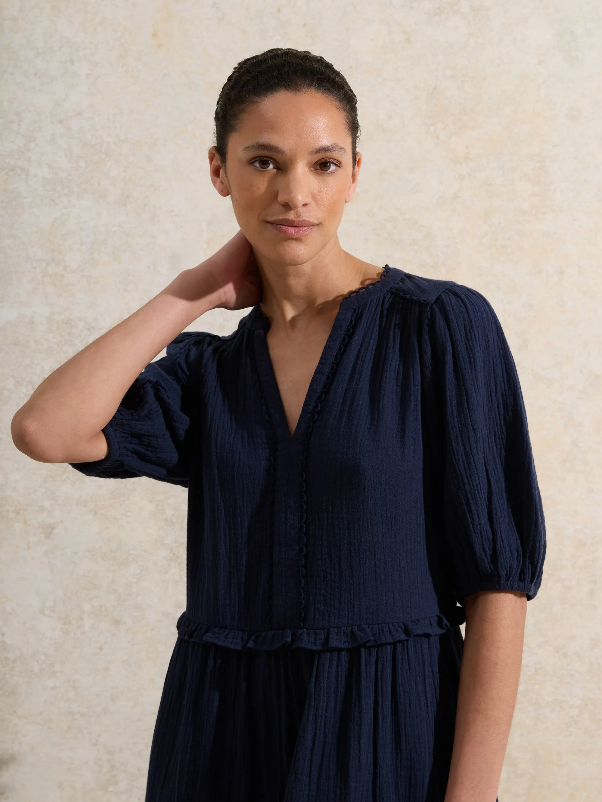 Petite Navy Frill-Detail Cheesecloth Mini Dress