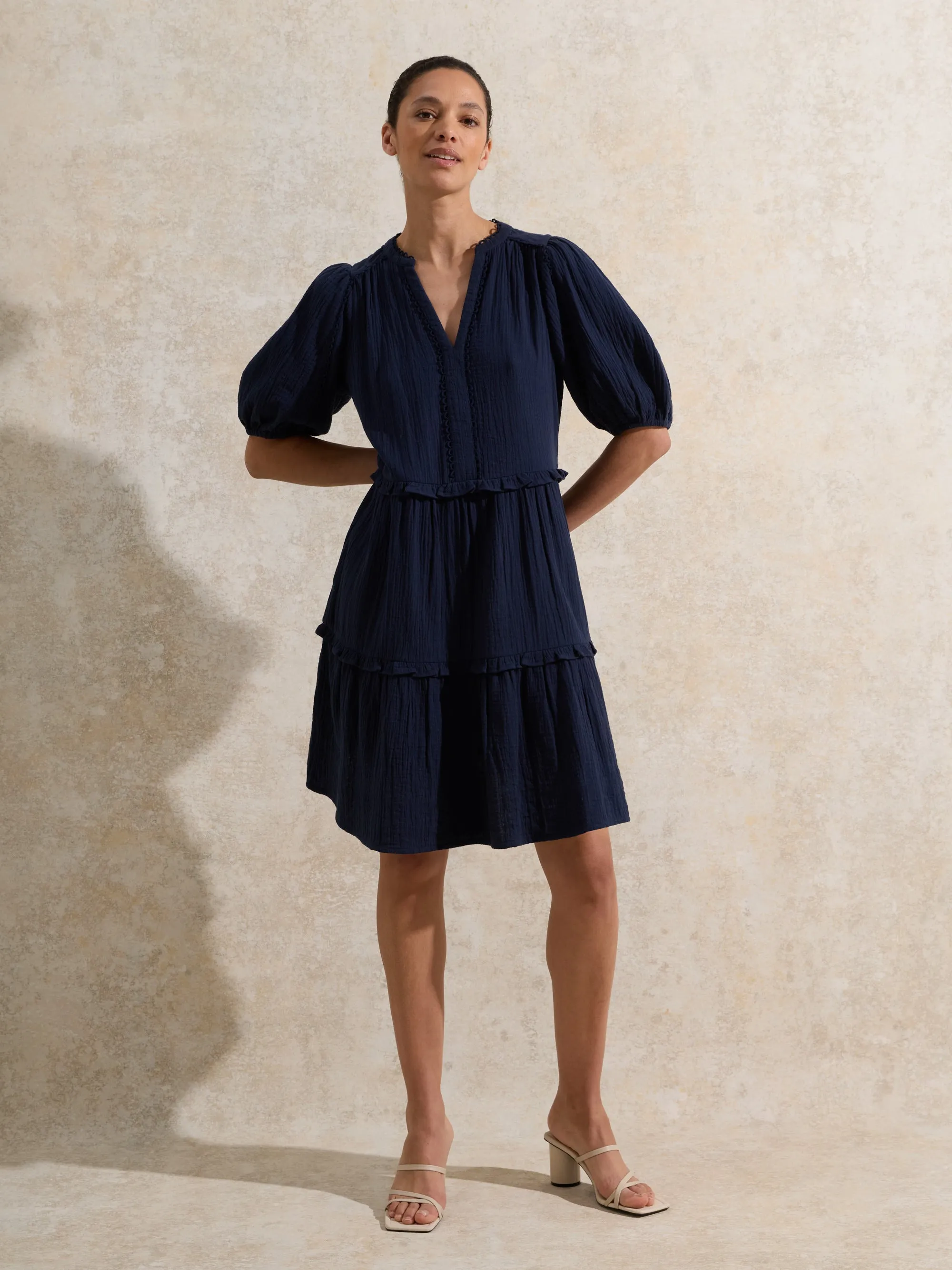Petite Navy Frill-Detail Cheesecloth Mini Dress