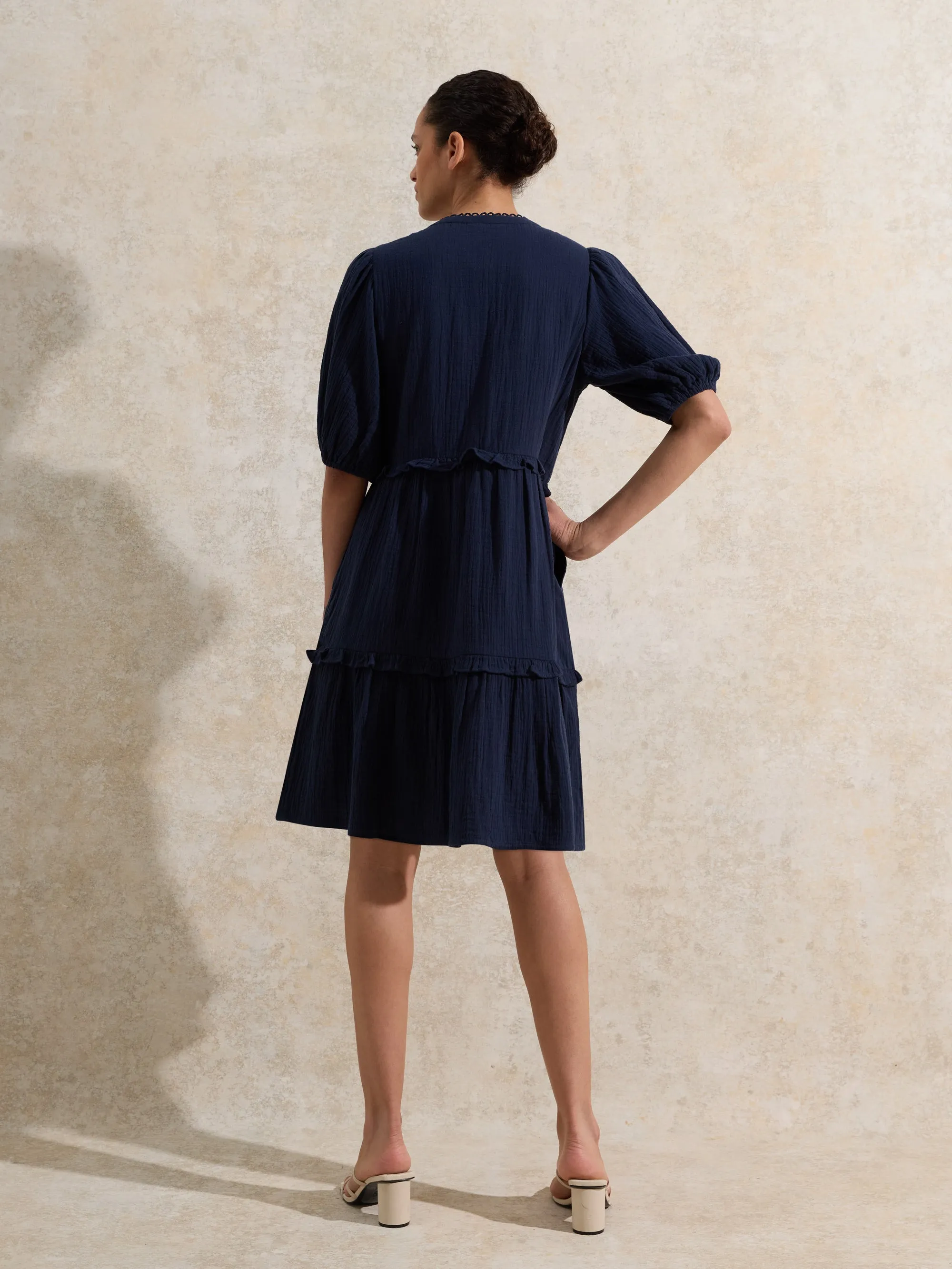 Petite Navy Frill-Detail Cheesecloth Mini Dress