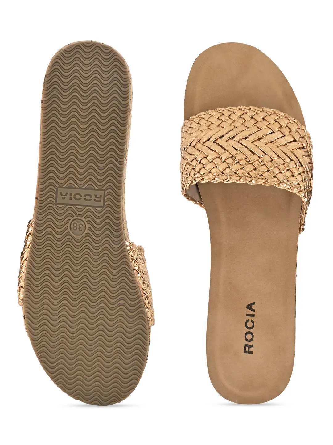 Rocia By Regal Rose Gold Women Woven Slider Wedges