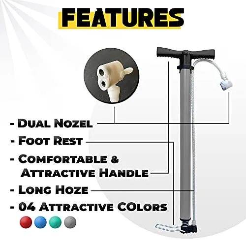 Royal Waves Attractive Pump for Bicycle, car, Bike, Balls, etc, with Plastic Handle and Dual Nozzle for Air Inflation (Grey)