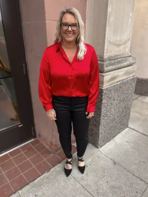 Ruby Red Satin Button Down Top