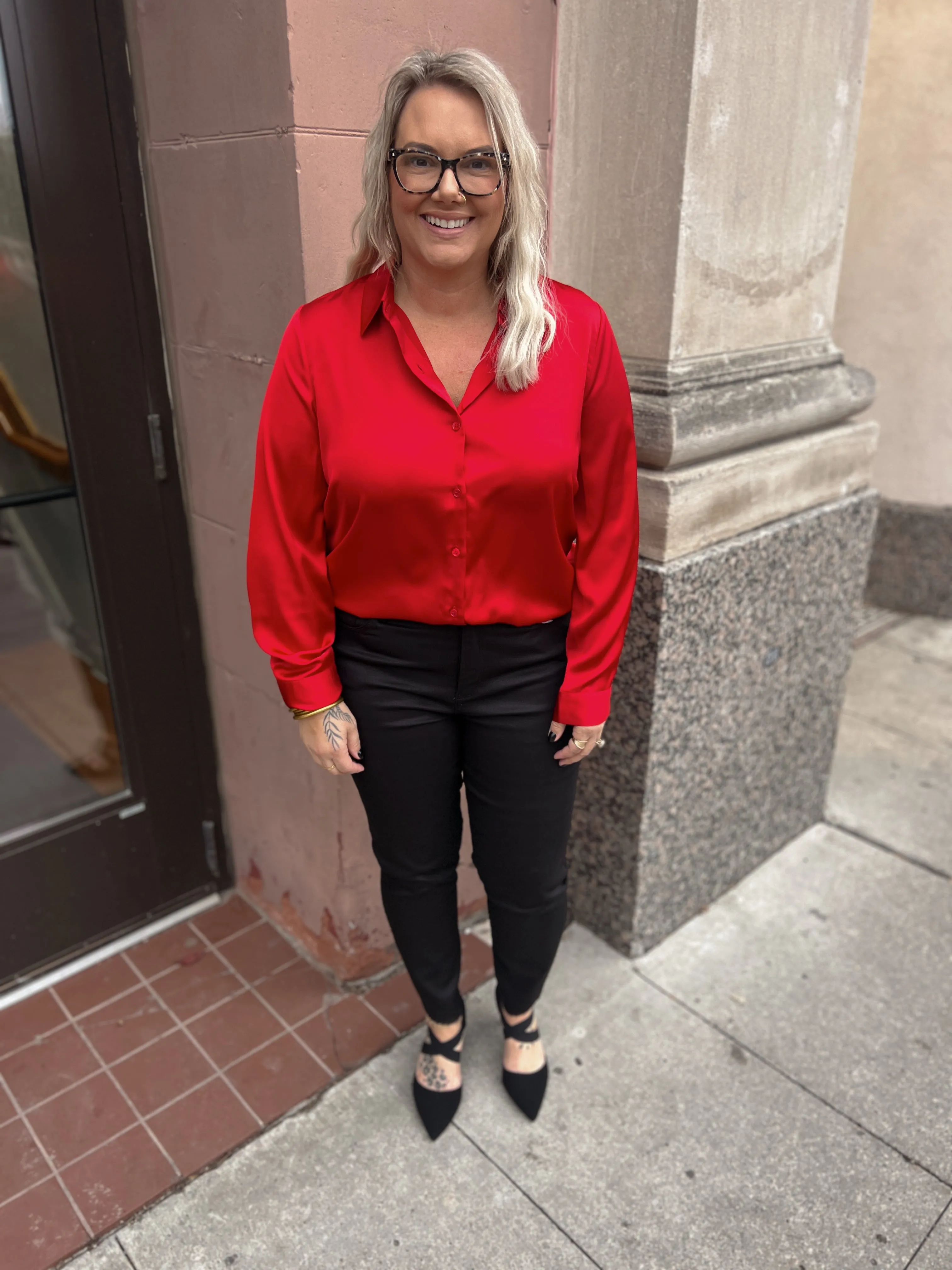 Ruby Red Satin Button Down Top