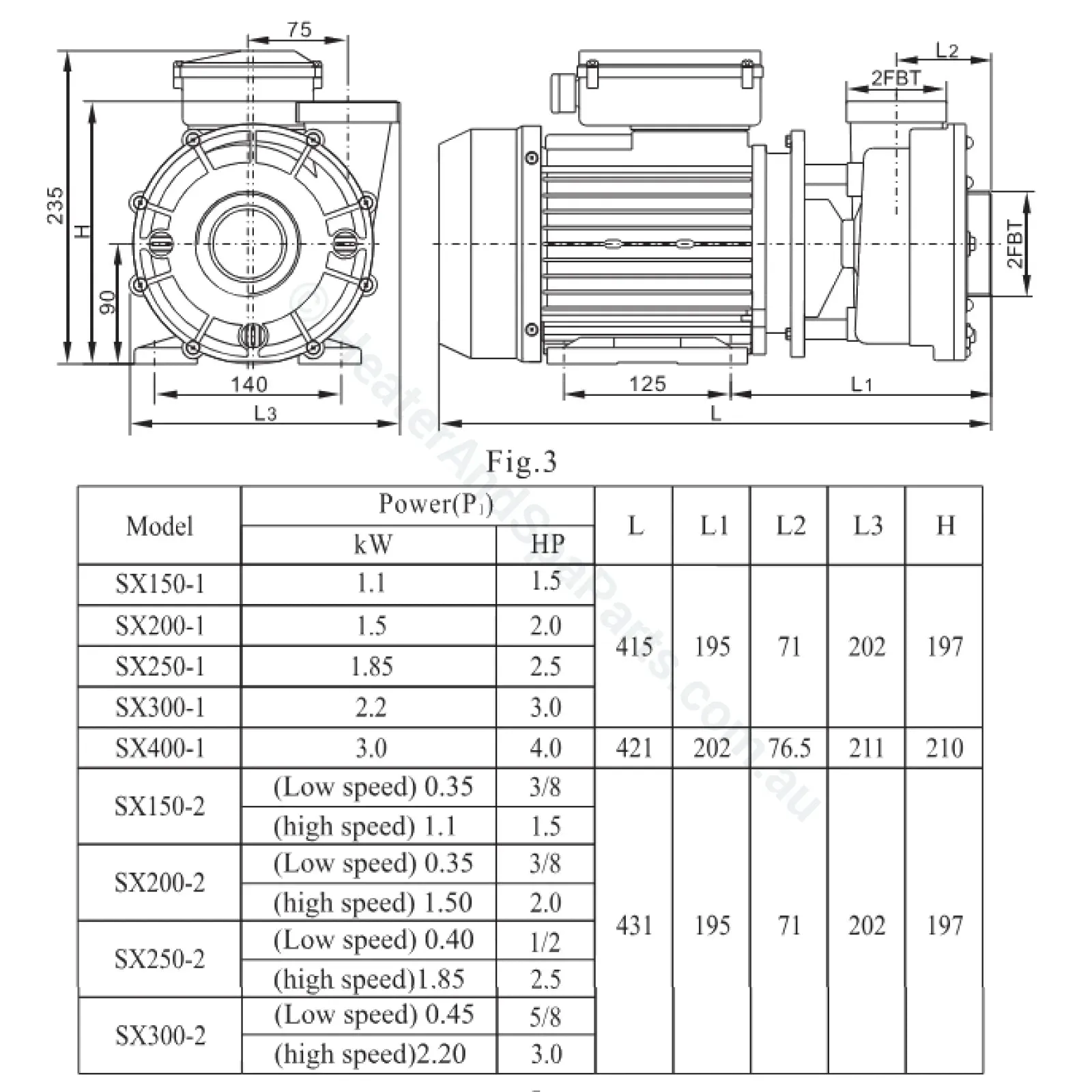 SX250-2 - 2.5HP - 2-Speed Jet Pump - Universal Spa Booster Pump - Spatex