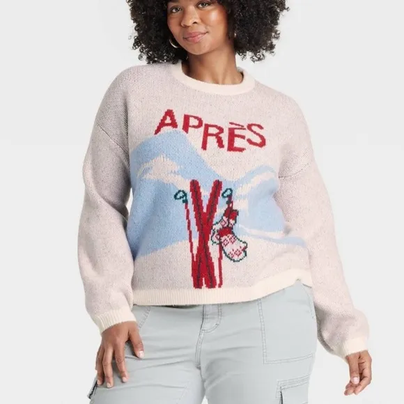 Target Holiday Crewneck Sweater A New Day Cream Blue Red Apres Ski Size XXL NWT