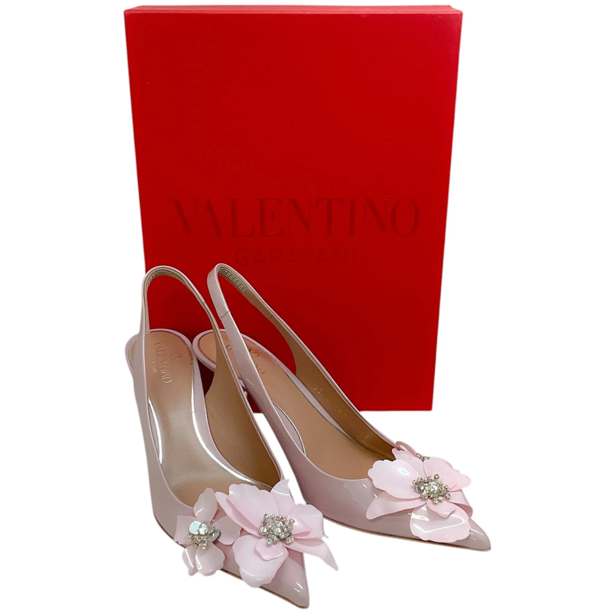 Valentino Light Pink Patent Slingback Pumps with Flower Details