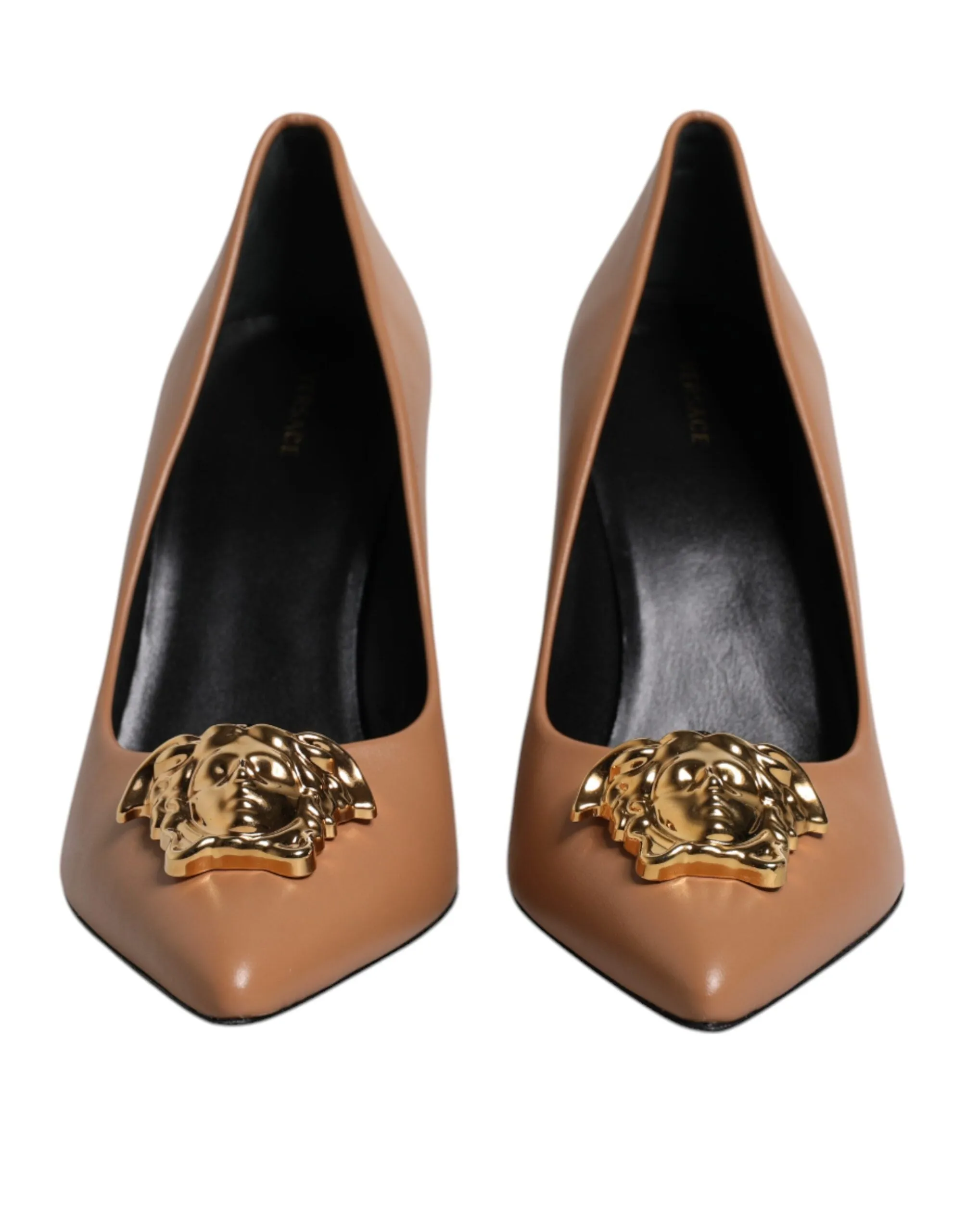 VERSACE Women Brown Pumps 100% Leather Crystal Embroidery Solid High Heels Shoes