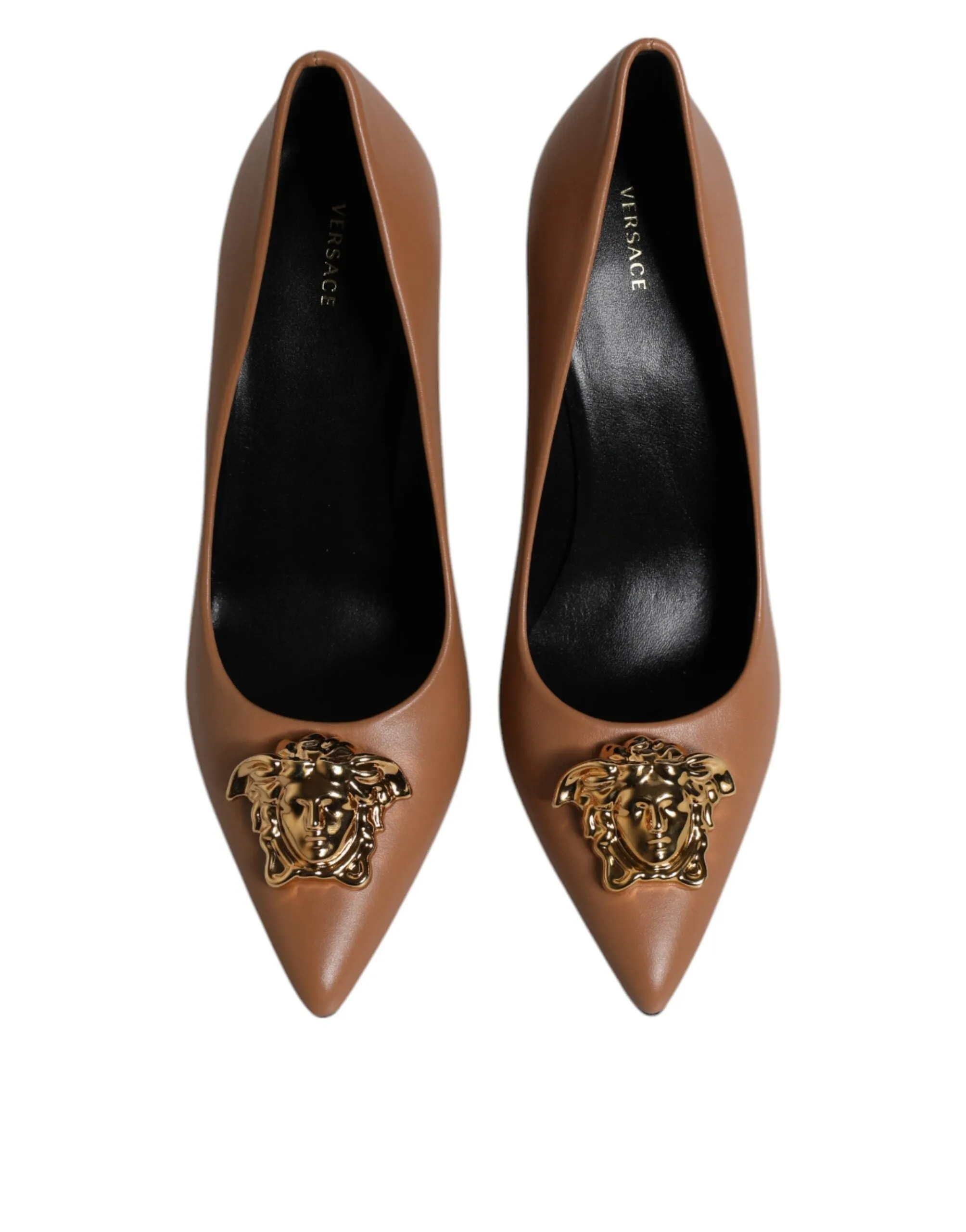 VERSACE Women Brown Pumps 100% Leather Crystal Embroidery Solid High Heels Shoes