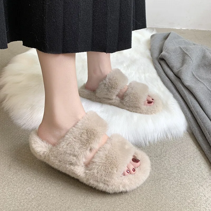 Winter Women House Fuzzy Slippers Faux Fur Fashion Warm Woman Slip On Flats Female Furry Slides Black Pink Cozy Home UGG Style