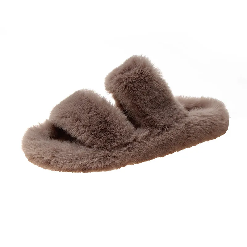 Winter Women House Fuzzy Slippers Faux Fur Fashion Warm Woman Slip On Flats Female Furry Slides Black Pink Cozy Home UGG Style