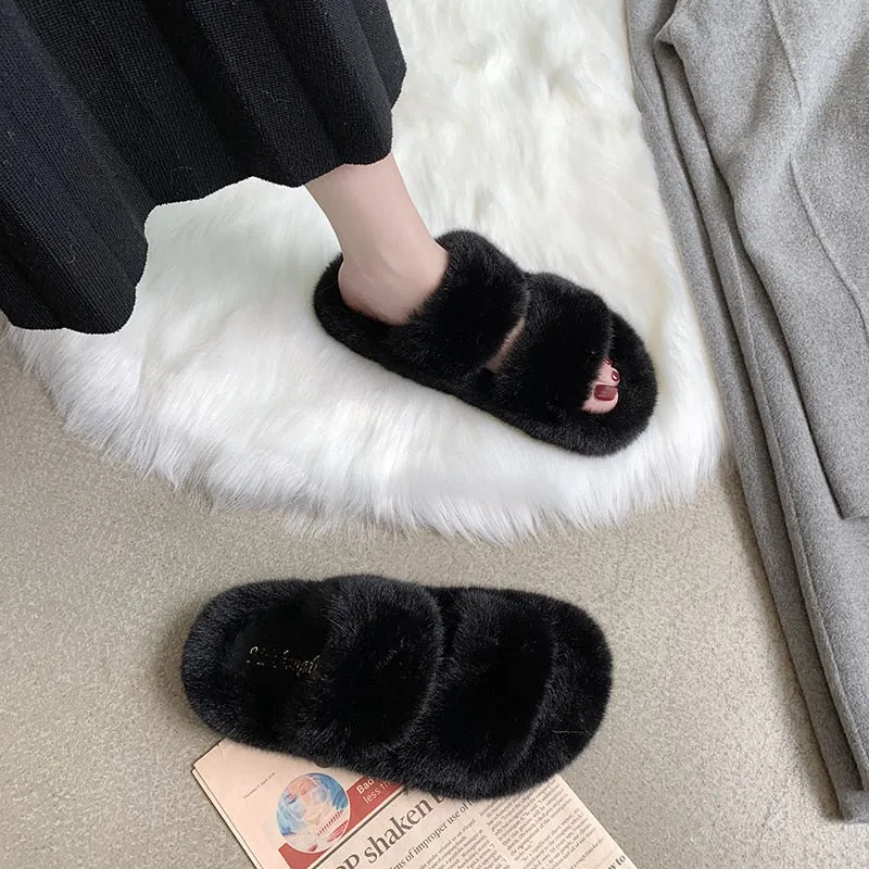 Winter Women House Fuzzy Slippers Faux Fur Fashion Warm Woman Slip On Flats Female Furry Slides Black Pink Cozy Home UGG Style