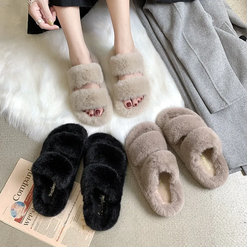 Winter Women House Fuzzy Slippers Faux Fur Fashion Warm Woman Slip On Flats Female Furry Slides Black Pink Cozy Home UGG Style