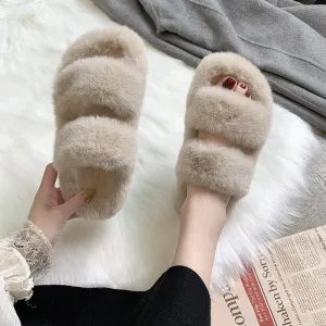 Winter Women House Fuzzy Slippers Faux Fur Fashion Warm Woman Slip On Flats Female Furry Slides Black Pink Cozy Home UGG Style
