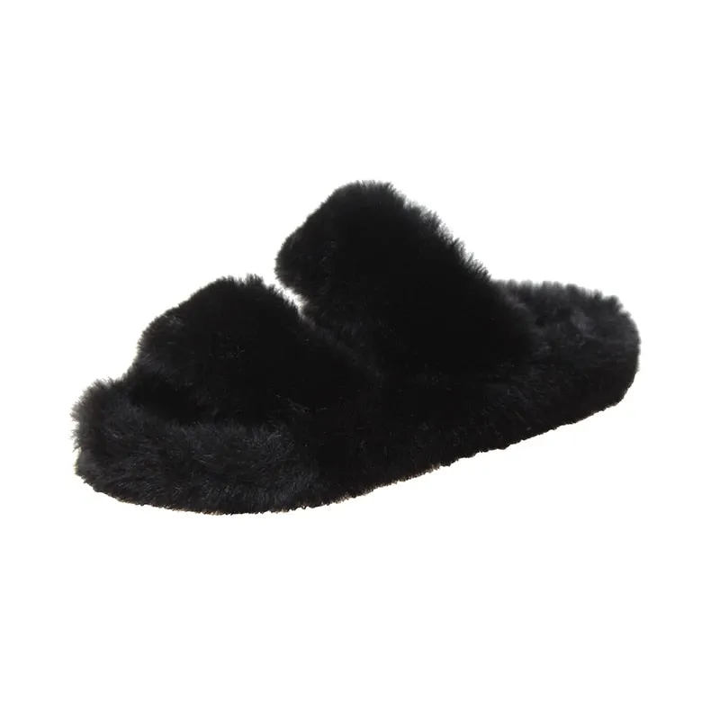 Winter Women House Fuzzy Slippers Faux Fur Fashion Warm Woman Slip On Flats Female Furry Slides Black Pink Cozy Home UGG Style