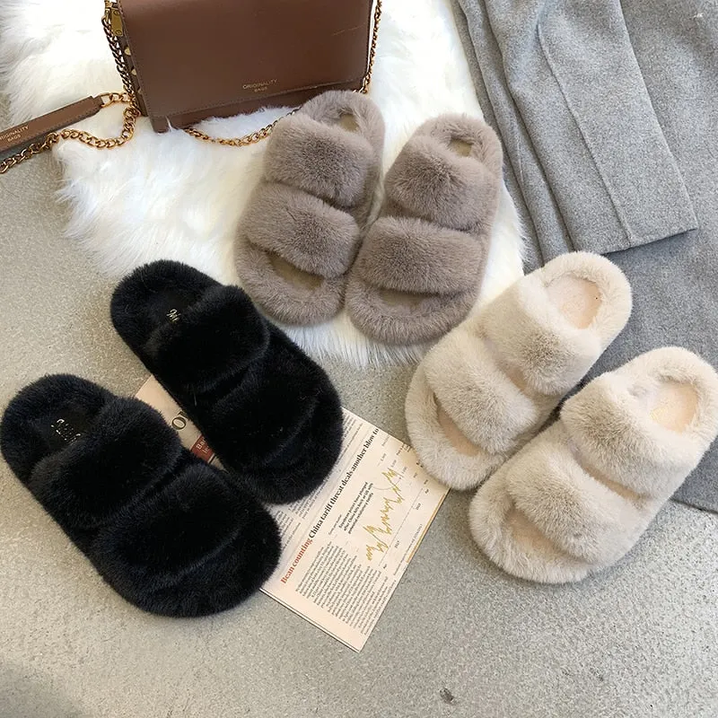 Winter Women House Fuzzy Slippers Faux Fur Fashion Warm Woman Slip On Flats Female Furry Slides Black Pink Cozy Home UGG Style
