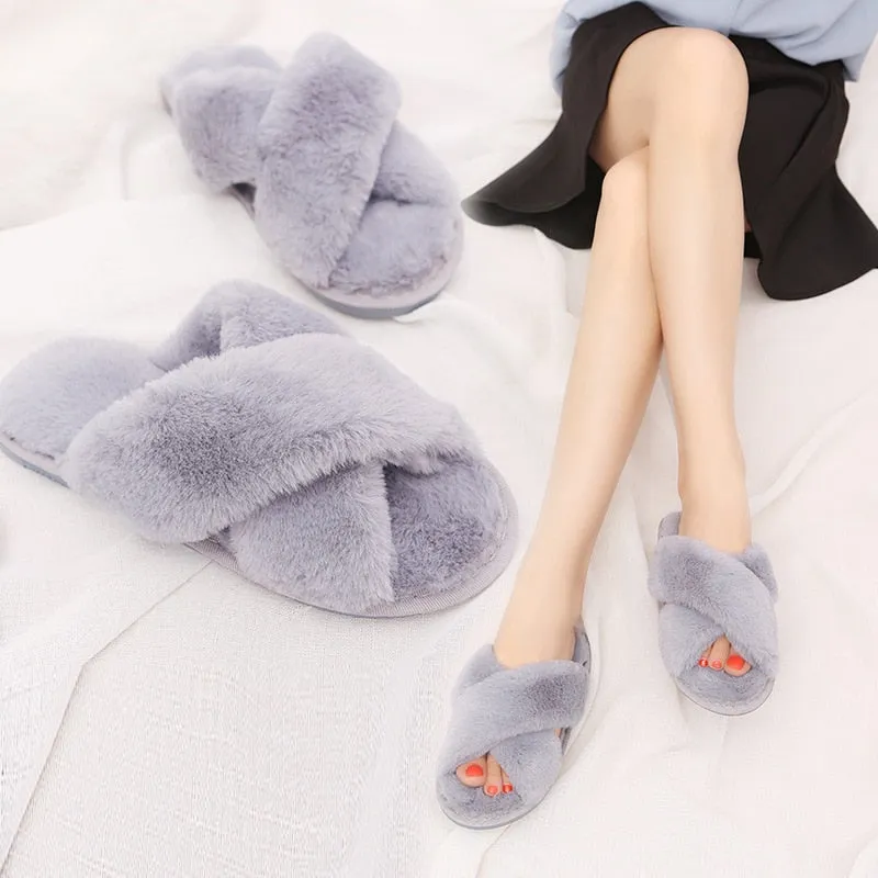 Winter Women House Slippers Faux Fur Home Furry Slippers