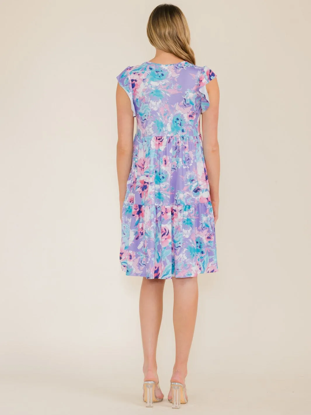 WOMEN'S RUFFLE SLEEVE FLORAL PRINT TUNIC HIGH-LOW FRONT POCKETS MINI DRESS