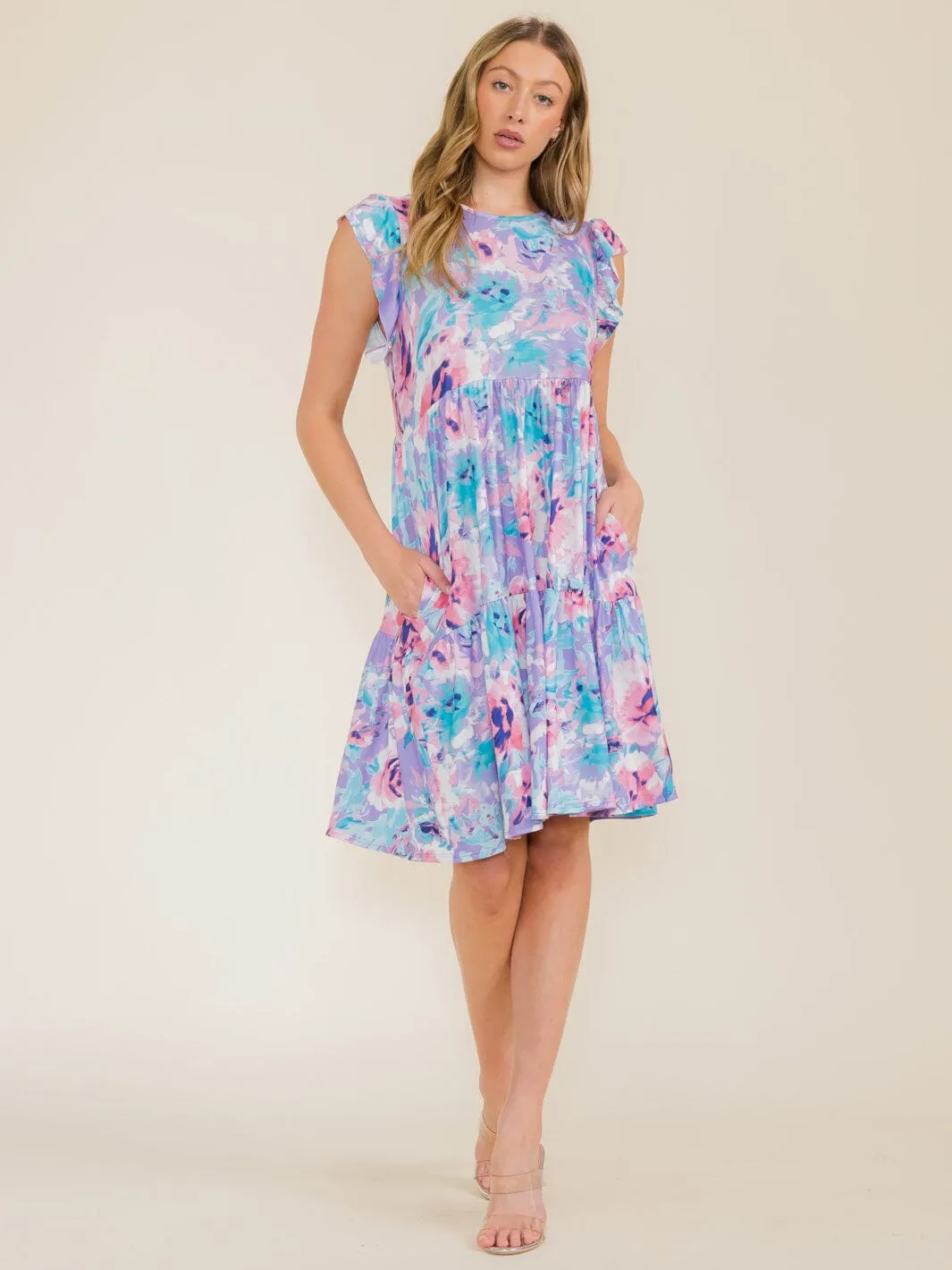 WOMEN'S RUFFLE SLEEVE FLORAL PRINT TUNIC HIGH-LOW FRONT POCKETS MINI DRESS