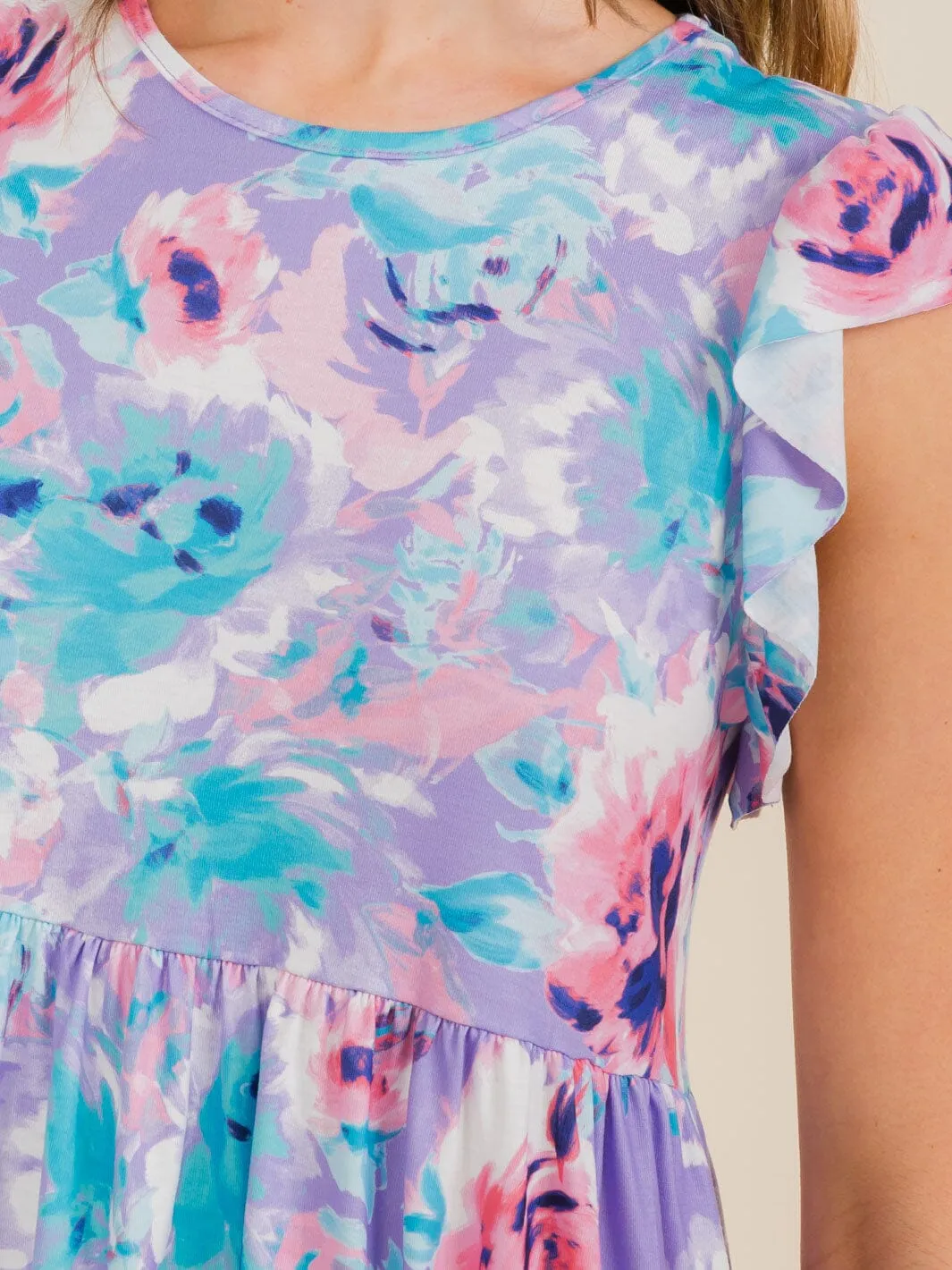 WOMEN'S RUFFLE SLEEVE FLORAL PRINT TUNIC HIGH-LOW FRONT POCKETS MINI DRESS