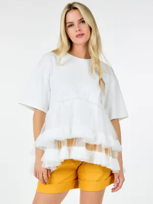 WOMEN'S SHORT SLEEVE RUFFLE TIERED HIGH-LOW DETAILED BLOUSE