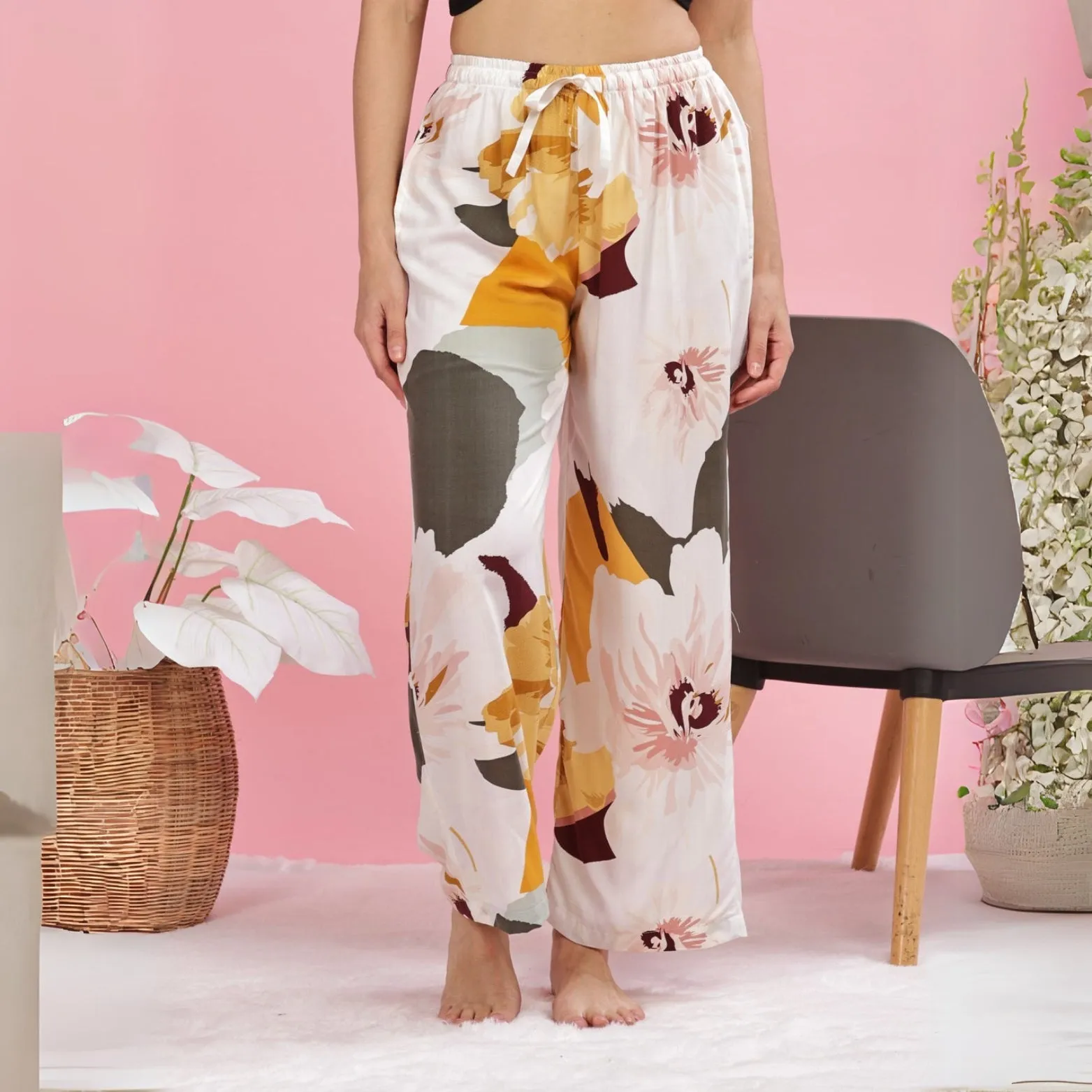Yellow White Printed Palazzo Pants for Women in Lightweight Rayon