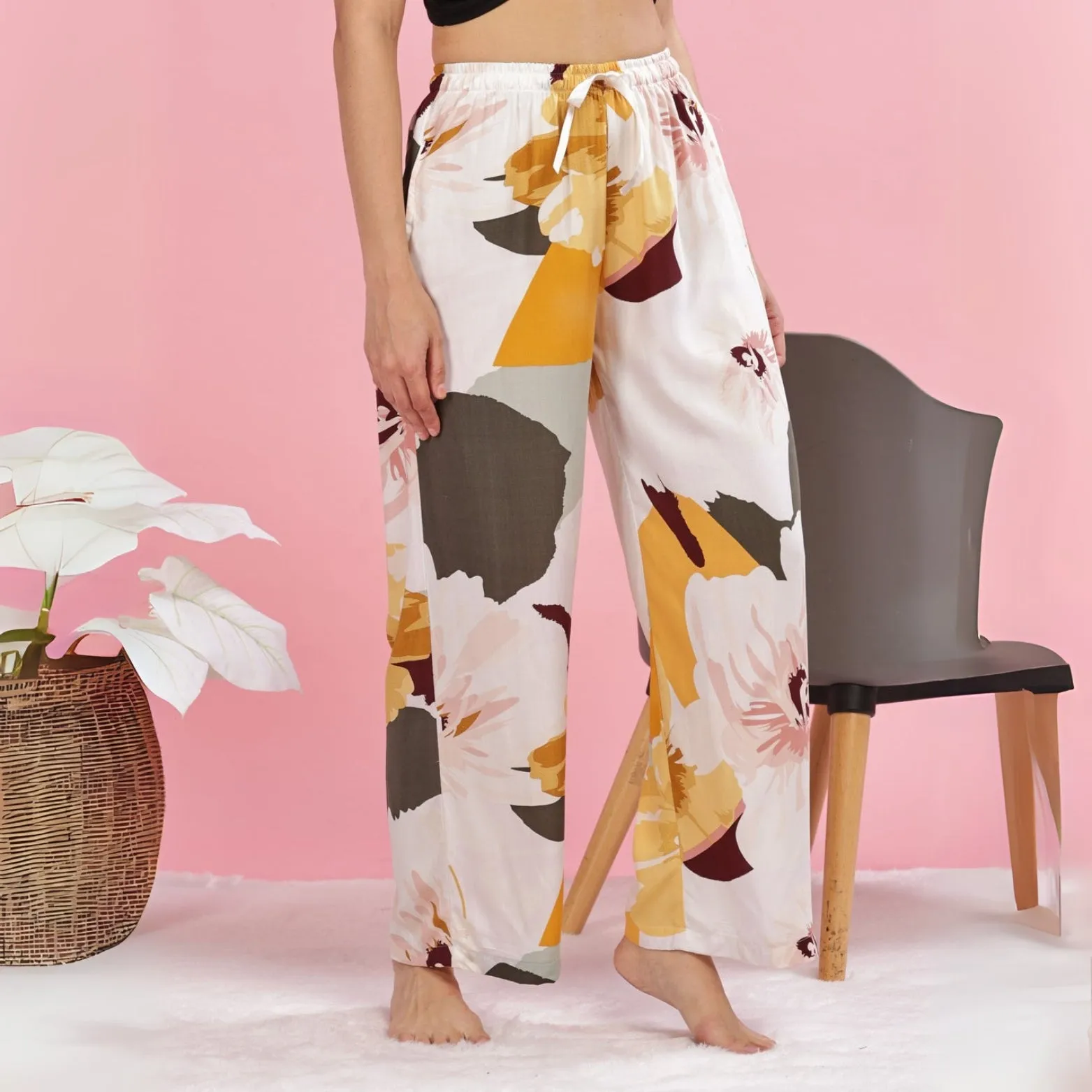 Yellow White Printed Palazzo Pants for Women in Lightweight Rayon