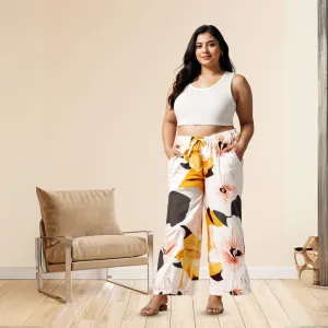 Yellow White Printed Palazzo Pants for Women in Lightweight Rayon