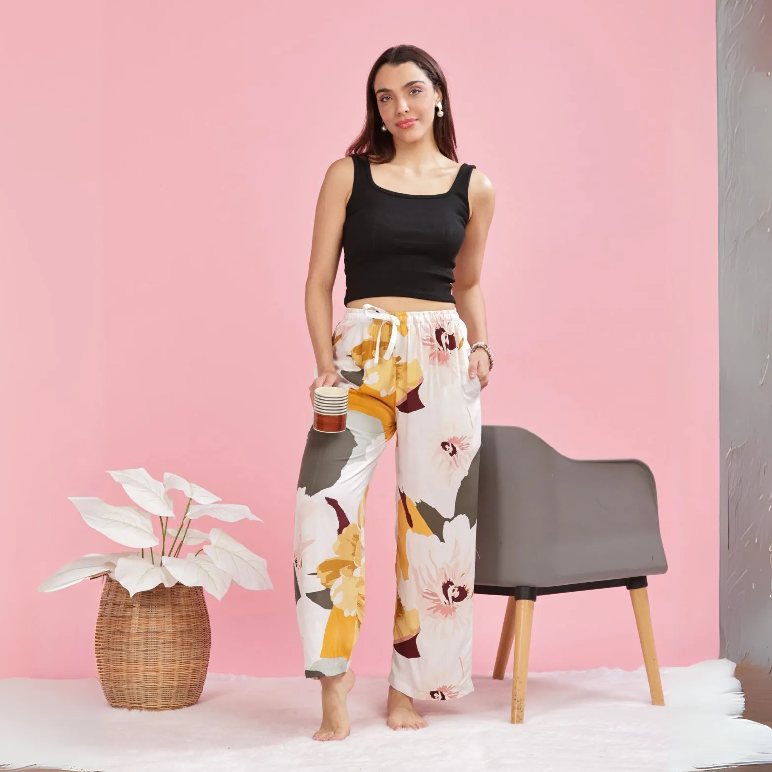Yellow White Printed Palazzo Pants for Women in Lightweight Rayon
